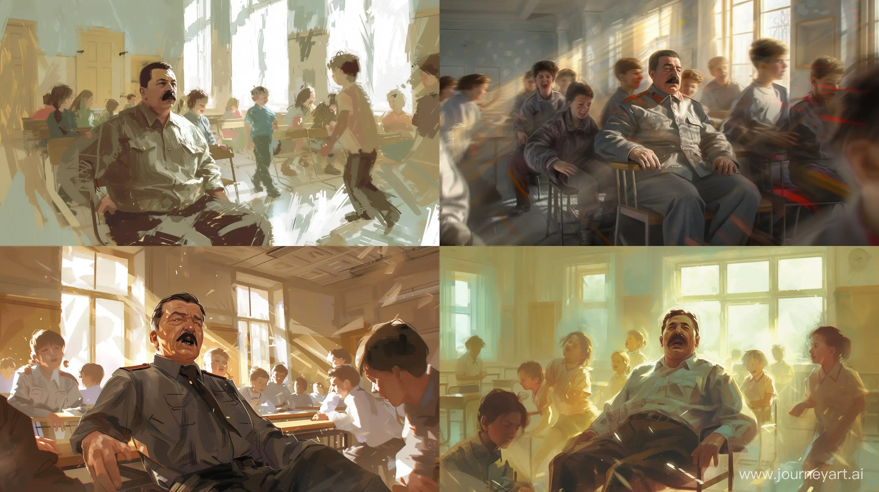 Stalin sits during recess in a Polish school, surrounded by the noise and laughter of students. The classroom is filled with bright morning light, which creates playful shadows on the walls. The image should be made in the style of impressionism, with soft, blurred contours, to convey an atmosphere of freedom and joy. Stalin should look a little surprised and perplexed, and the students should be shown moving, showing their playfulness and energy. The mood of the image should be light and cheerful, reflecting a relaxed moment of recess at school --ar 16:9  --q 2