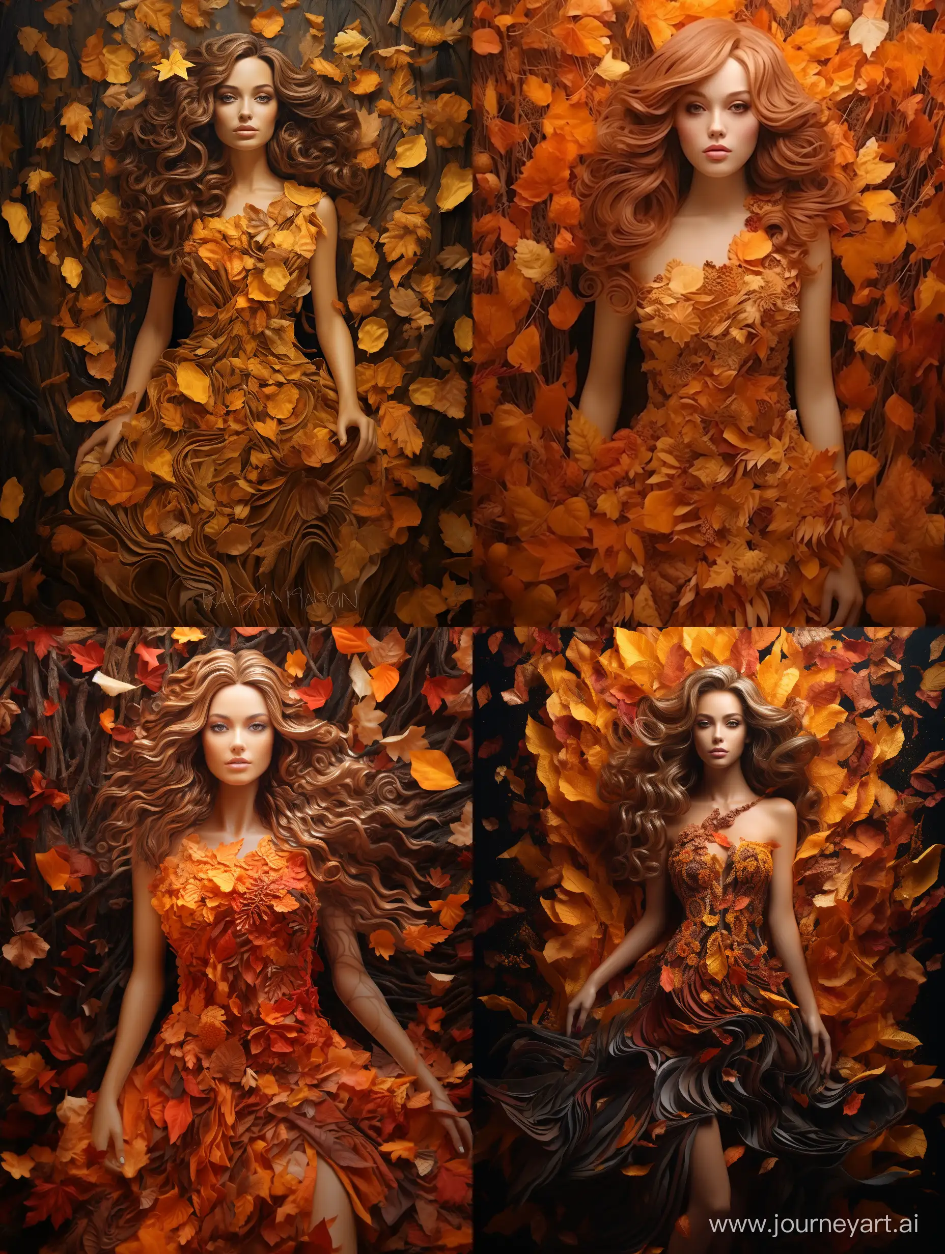 красивая девушка в платье из осенних листьев, гипердетализация, яркий свет