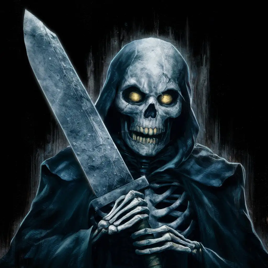 image of death , dark background , a skull with yellow eyes and a big knife