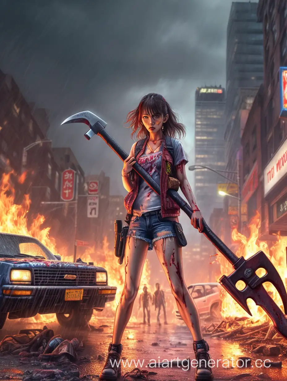 The surviving, alive, sexy, Japan not infected girl in the zombie apocalypse, The fireaxe in her hands. new york location, car into the fire on the background, more zombies, rain wheather. pixel art with realistic lights