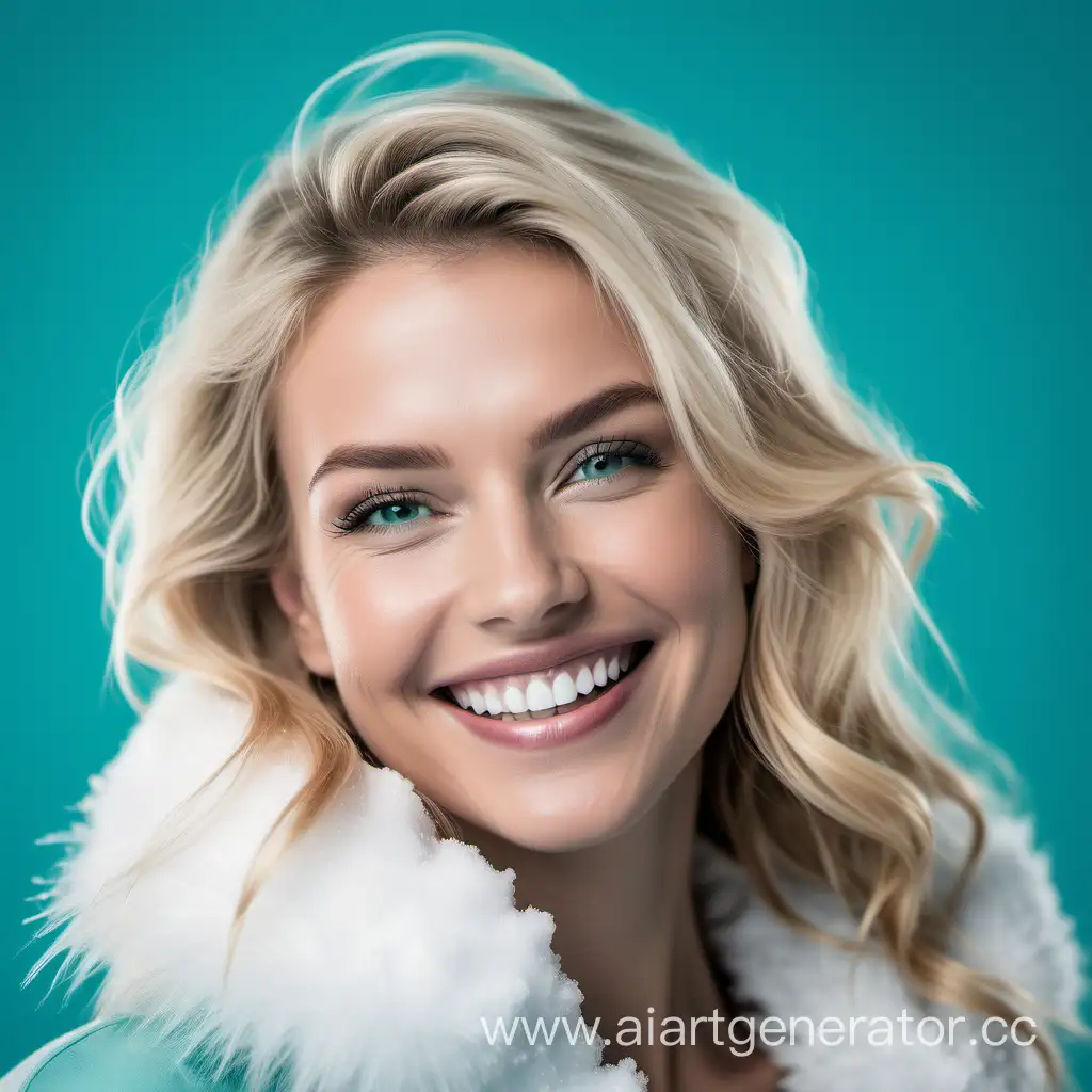 Cheerful-Blonde-Woman-with-Snowy-White-Smile-on-Turquoise-Background