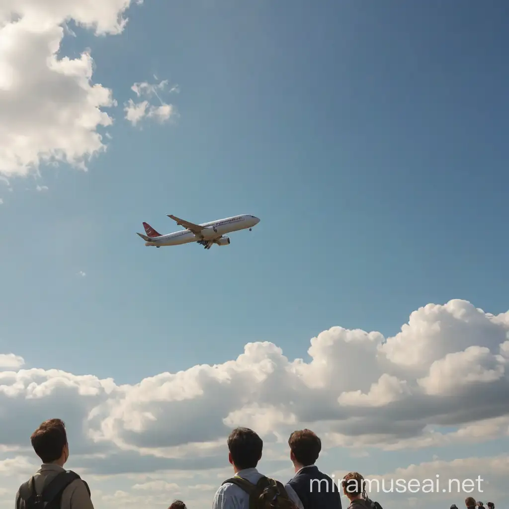Airplane Soaring Overhead as Spectators Watch