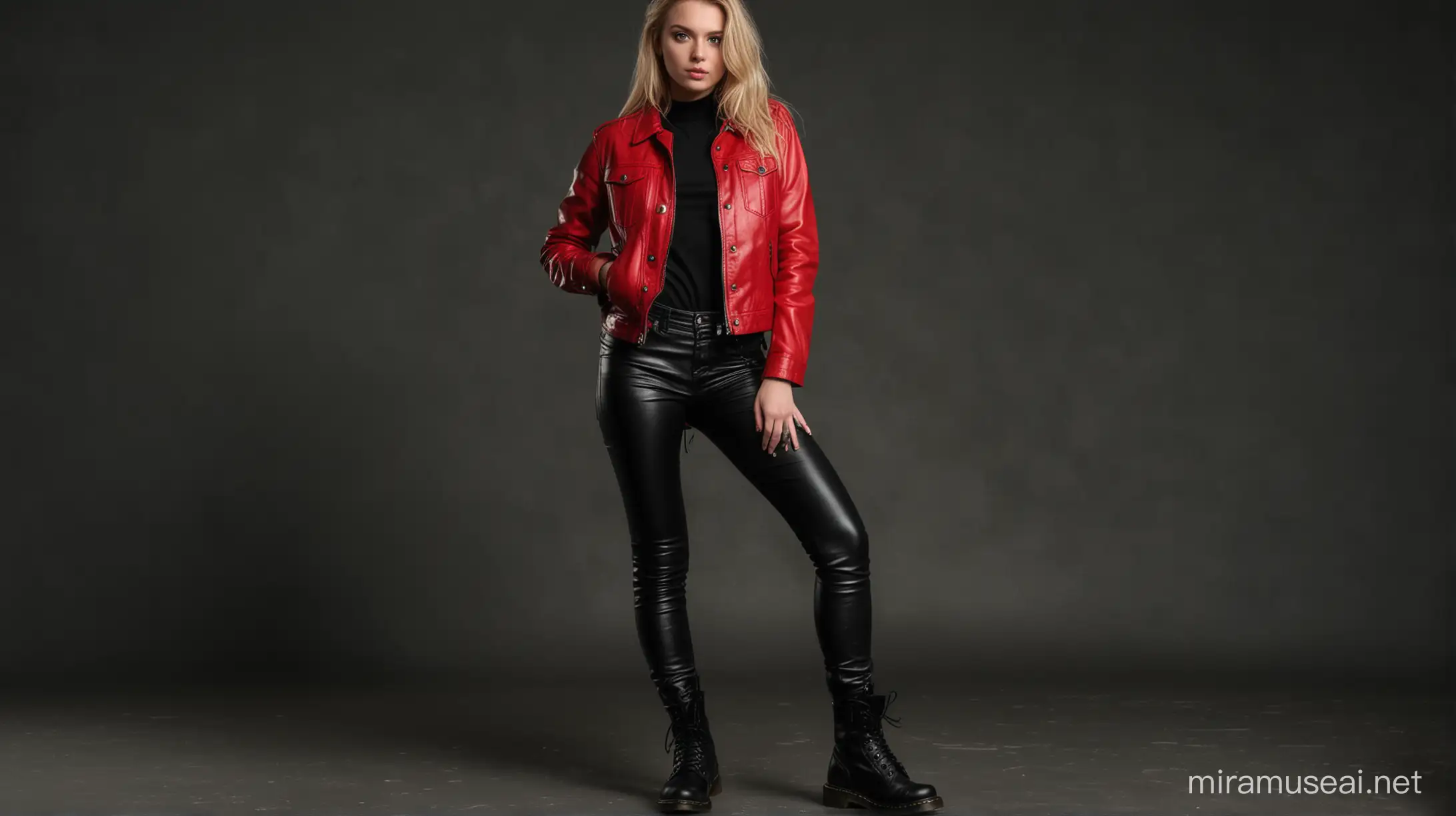 Blonde girl with red leather jacket, black shirt, leather pants and DR. Martens Black Boots in a very dark background
