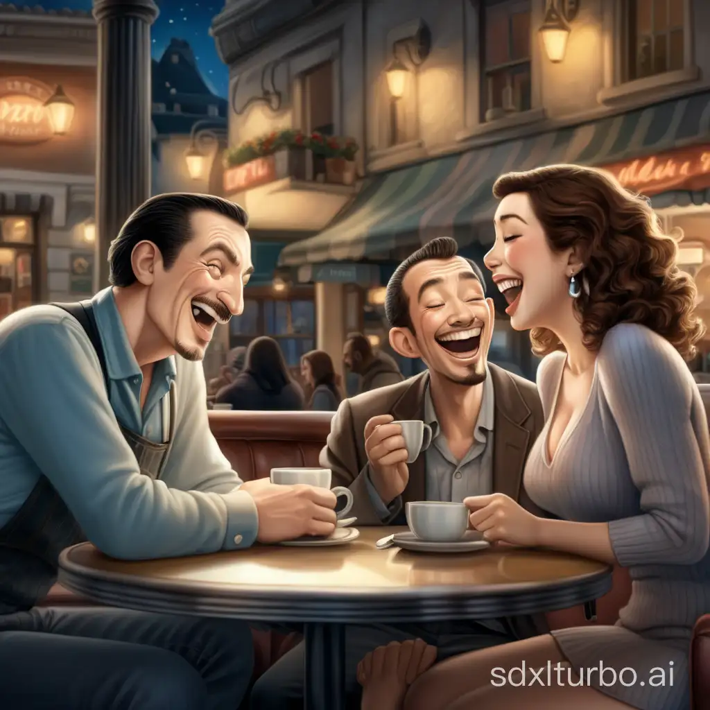 A thin man with no facial hair, a short man with facial hair, and a curvy woman in a cafe at night laughing