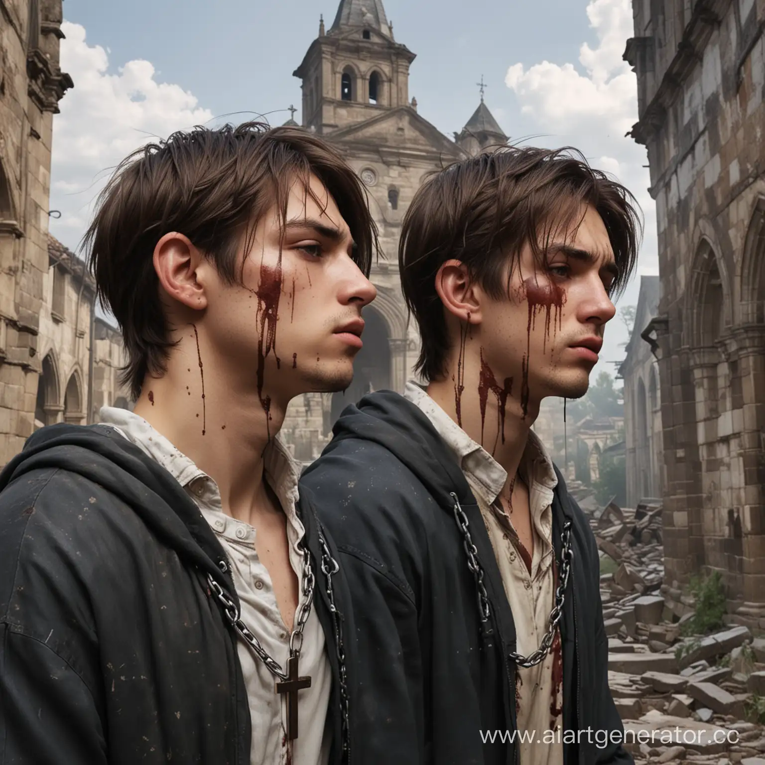 Teenage-Boys-with-Wounded-Faces-Praying-in-Ruined-Church-Anime-Style