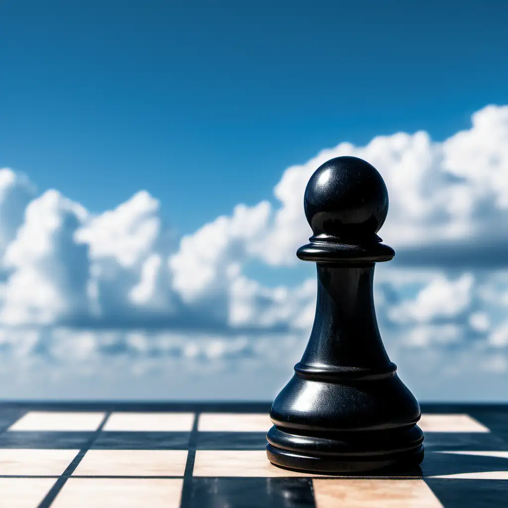 black pawn 
chess piece alone on chessboard with blue cloudy sky backgroound