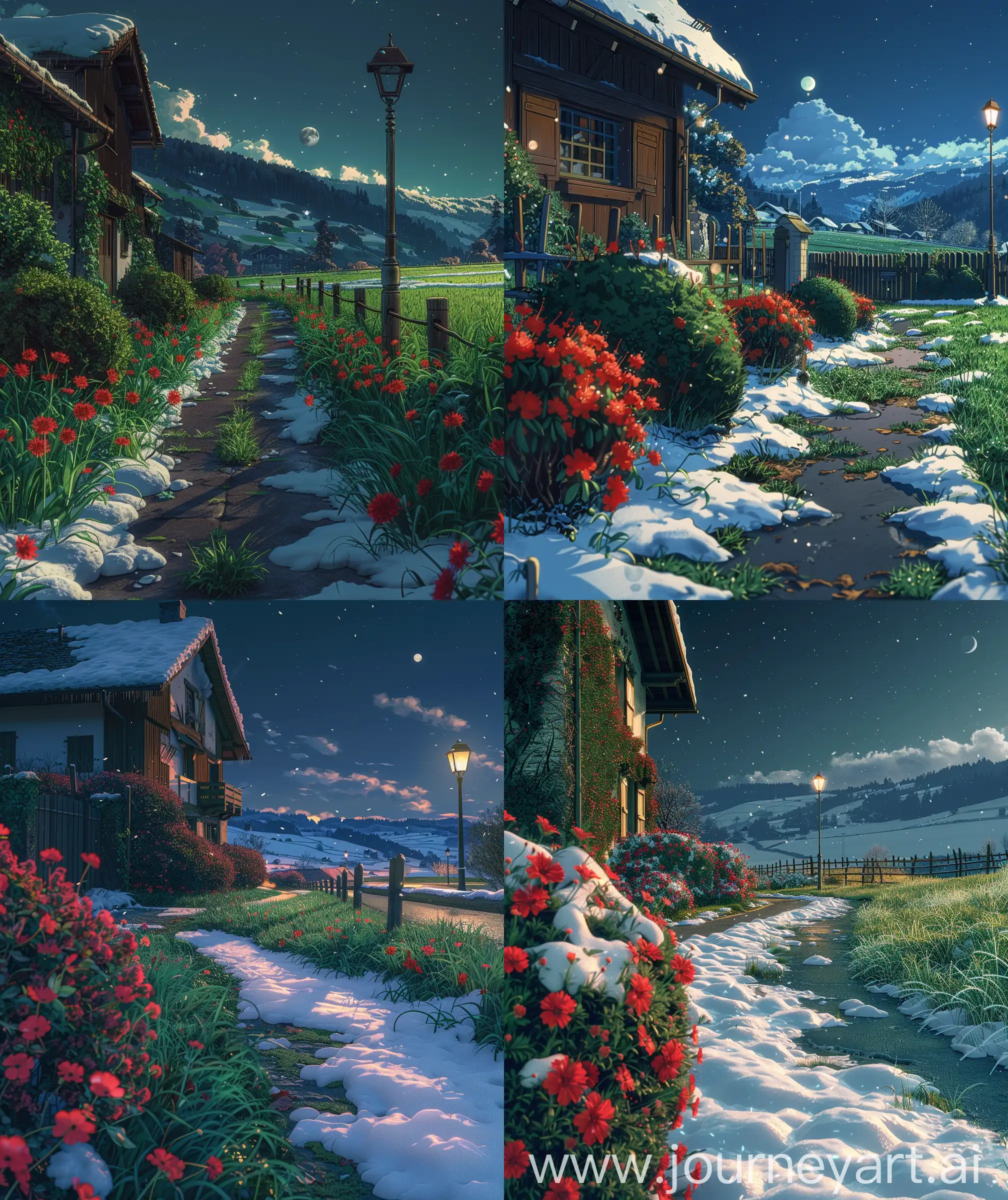 Beautiful anime scenary, mokoto shinkai and Ghibli style mix , direct front facade view of swiss countryside view, melting snow, grass, pavement road, red flowers, street across cottage,  fence, bushes, lamp post,clear night sky, moonlight, " close up, vibrant and quite look, ultra hd, High quality, sharp details, no hyperrealistic --ar 27:32 --s 400