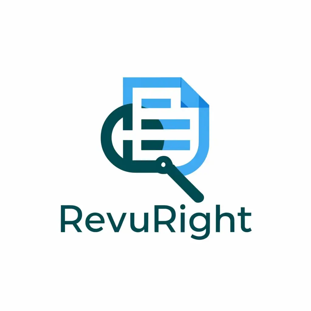a logo design,with the text 'RevuRight', main symbol:Document with magnifying glass and AI text Review,Minimalistic,clear background