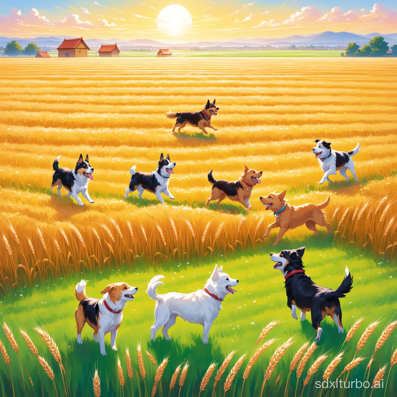 七八只不同品种的狗狗在小花园快乐玩耍，远处是一望无际的麦田