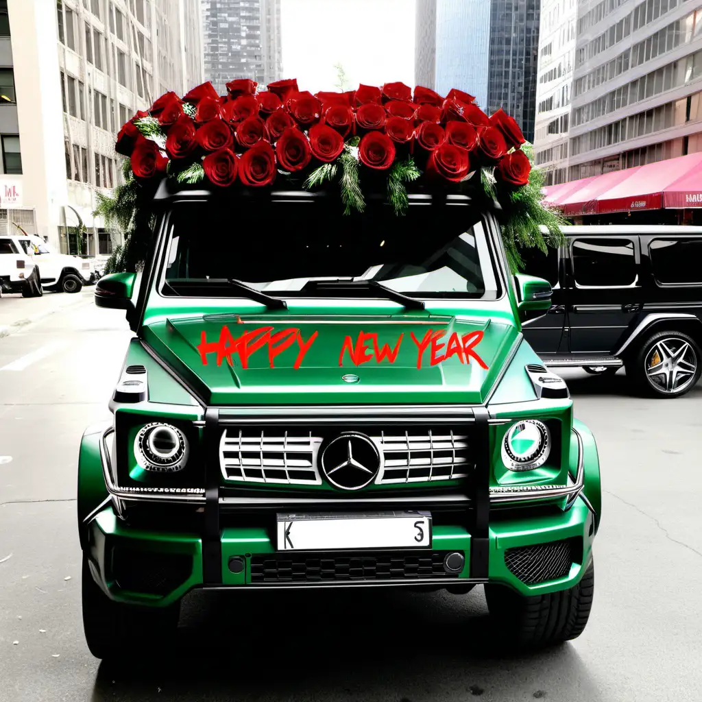 “Happy new year from Kelly” sign with a Mercedes Benz G wagon dark green body  and a bouquet with 300 roses