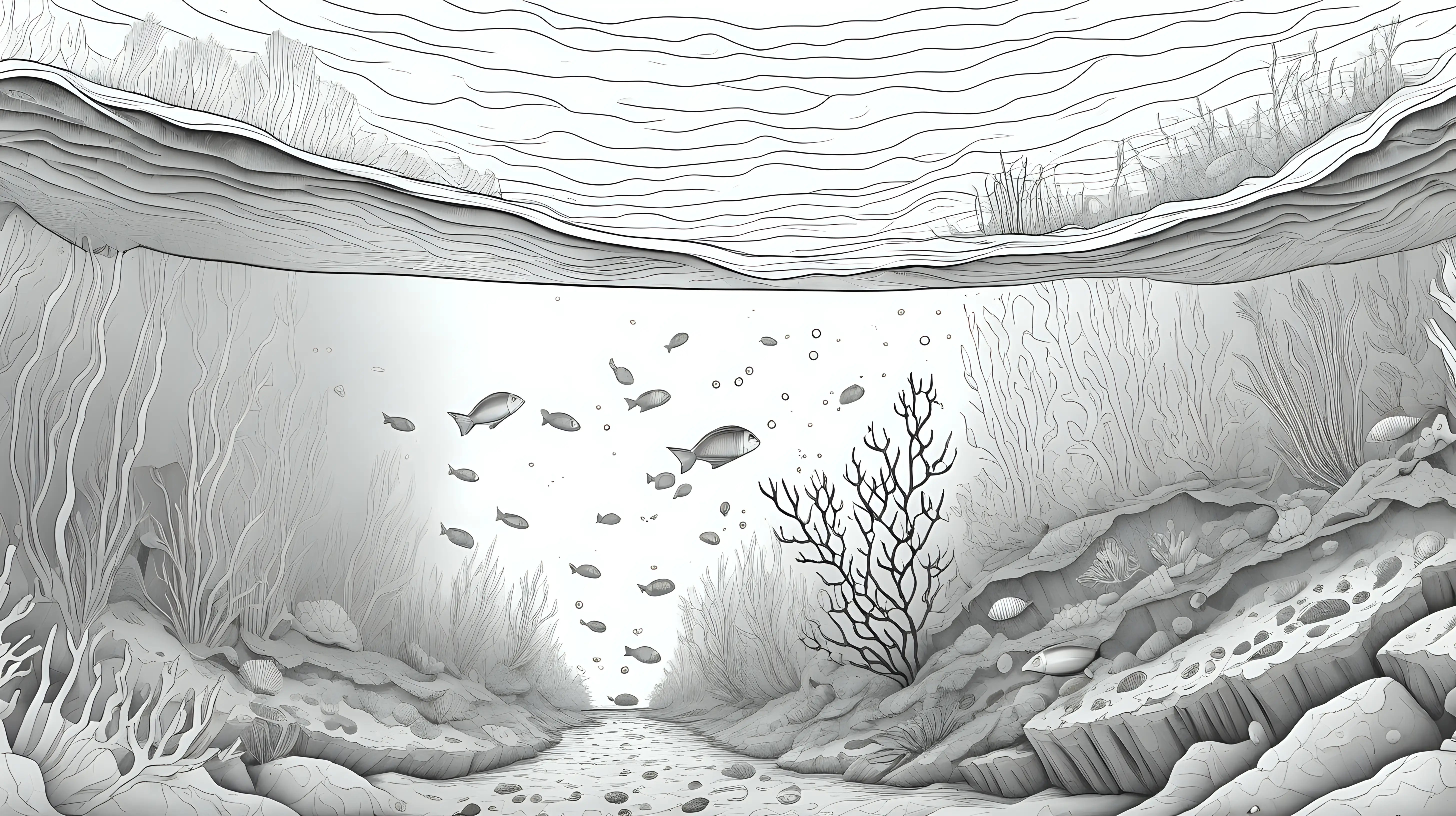 low detail coloring page, underwater view of a sediment settling at the bottom of a river