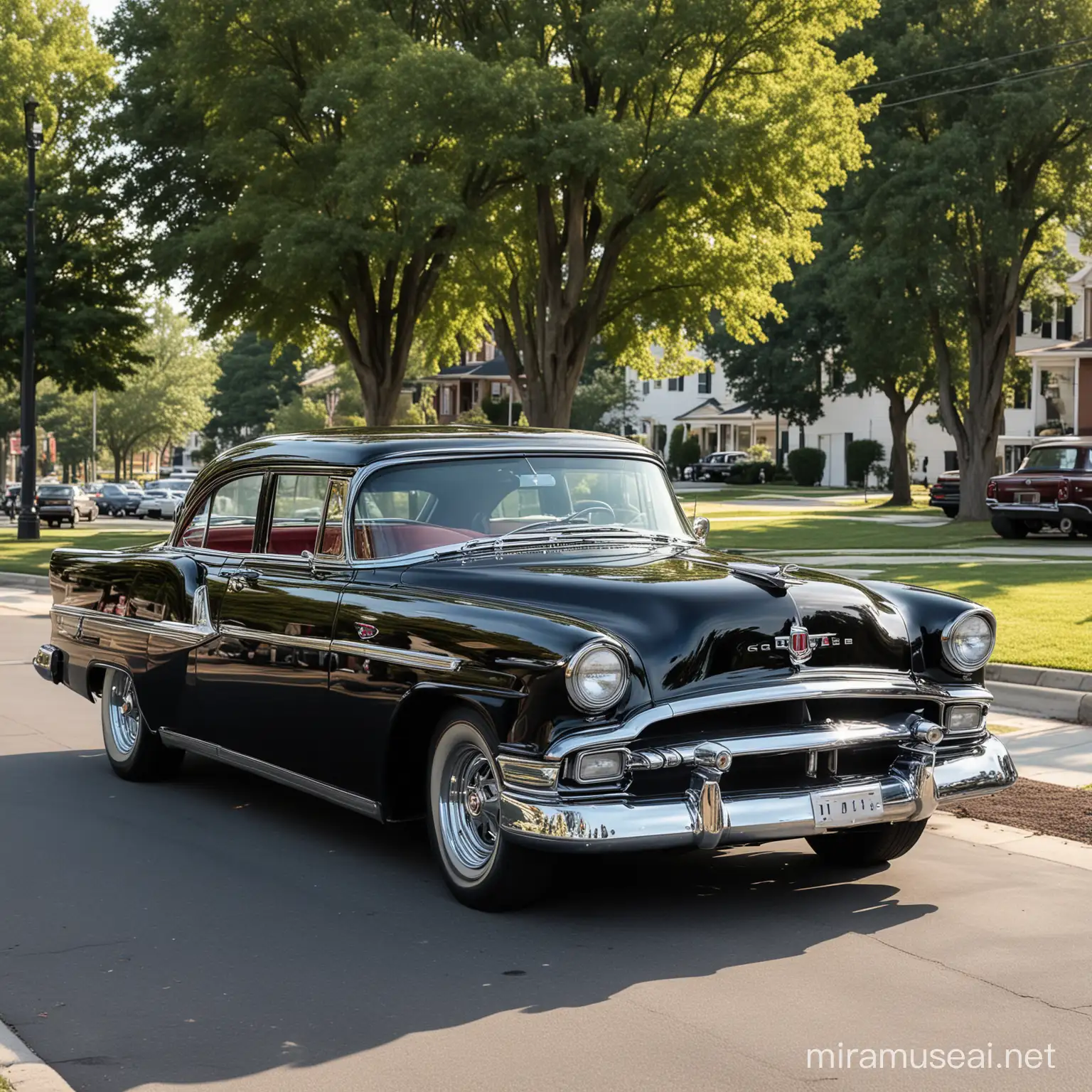 Pontiac Cheftain 1955, hot rod sport street, neumáticos anchos perfil bajo 2024, rines Cragar anchos y grandes 2024, color negro charol, estacionado en una de Baltimore, a las 7 de la mañana día soleado, el coche esta estacionado frente a una plaza arboleada y se ve espectacular.