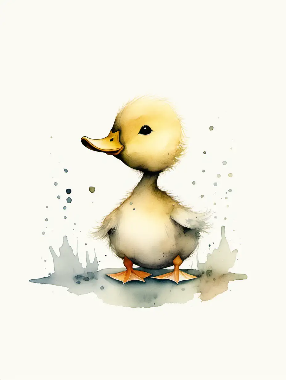 Cute baby duck , subdued colours, minimal design, white background, organic tone, watercolour, style in jon klassen,