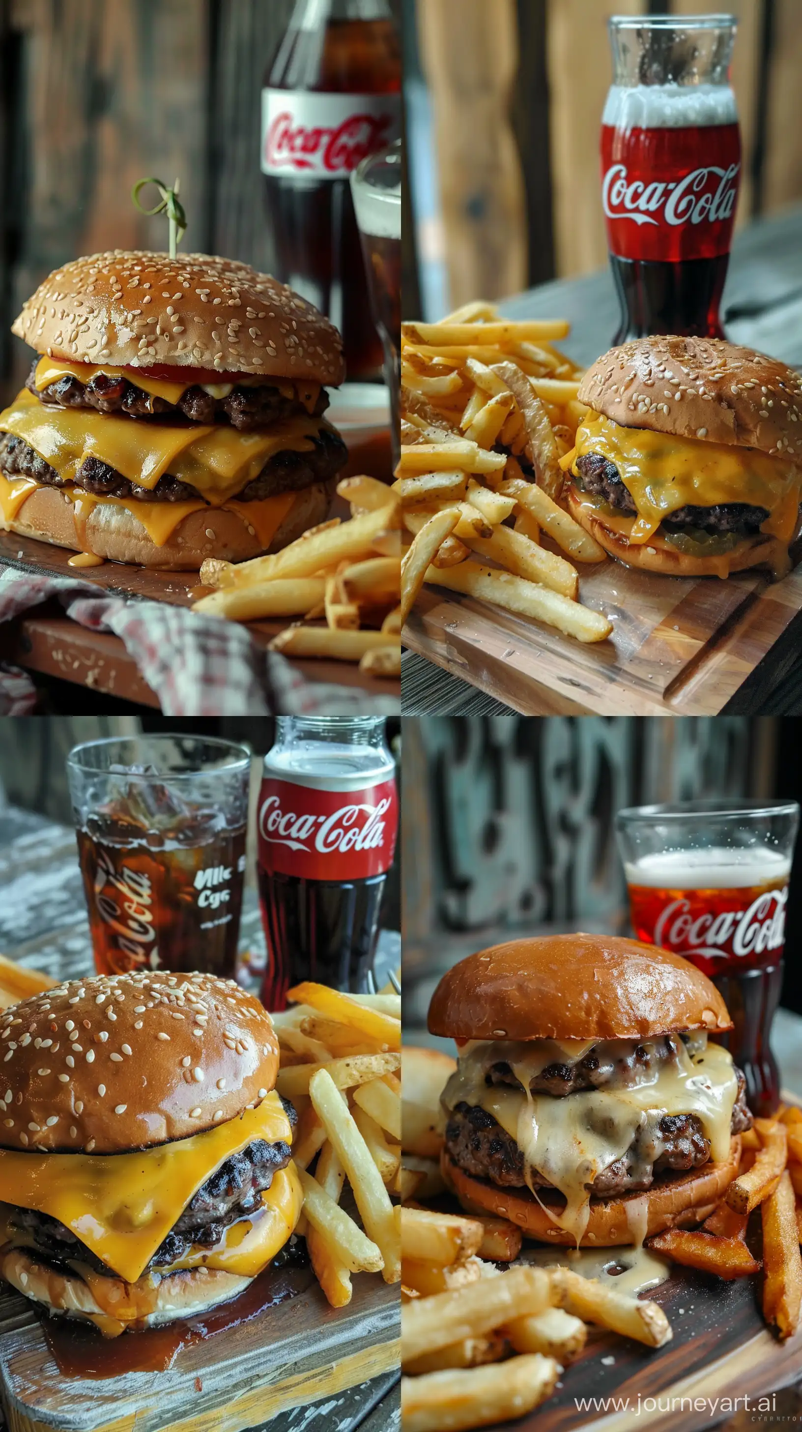a hamburger on a board, nicely tasty and with cheese slightly dripping. Served with fries and a glass of Coca-Cola. posted on snapchat --ar 9:16 --v 6