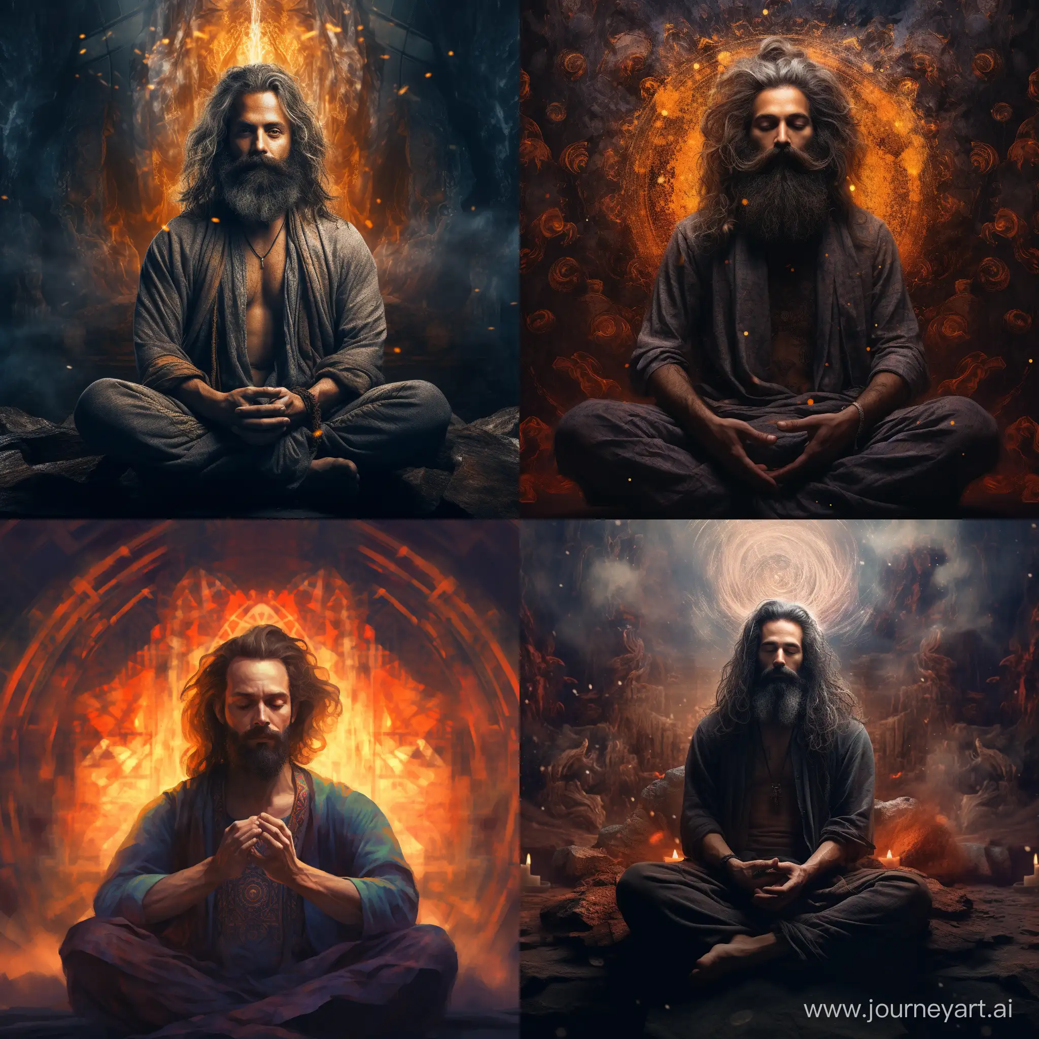 a man with a beard and hair meditates, on background mystical art