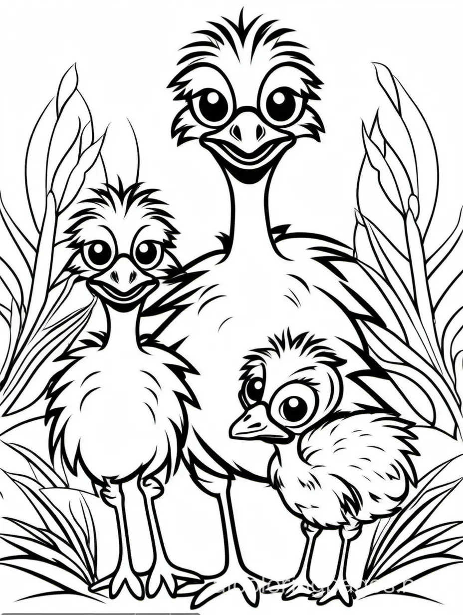 cute Emu Chick  with his baby for kids easy for coloring, Coloring Page, black and white, line art, white background, Simplicity, Ample White Space. The background of the coloring page is plain white to make it easy for young children to color within the lines. The outlines of all the subjects are easy to distinguish, making it simple for kids to color without too much difficulty