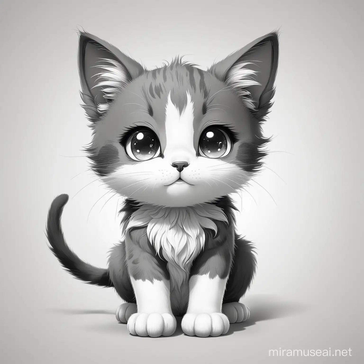 Adorable Black and White Anime Kitten Cartoon on White Background