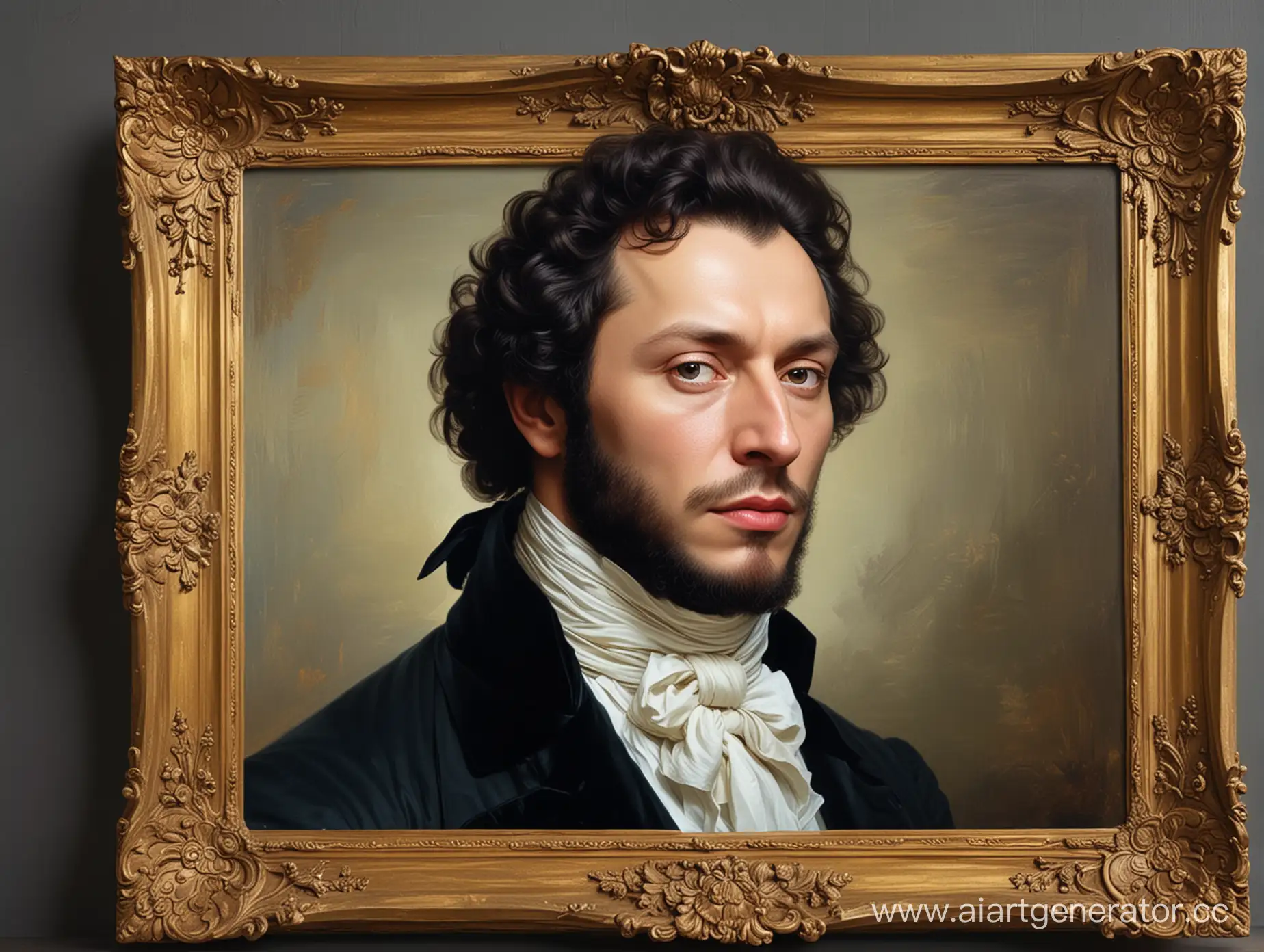 Make a picture  "Romantic poet in a golden frame" "Capturing the essence of Pushkin's words" "An artistic tribute to Pushkin's legacy" "Immerse yourself in Pushkin's world through art" "Brush strokes that bring Pushkin's verses to life" "A visual masterpiece inspired by Pushkin" "4K portrait of the literary genius, Alexander Pushkin" "Unleashing the power of Pushkin's imagination through art" "An enchanting canvas showcasing Pushkin's brilliance" "Vibrant colors and intricate details for Pushkin's portrait"