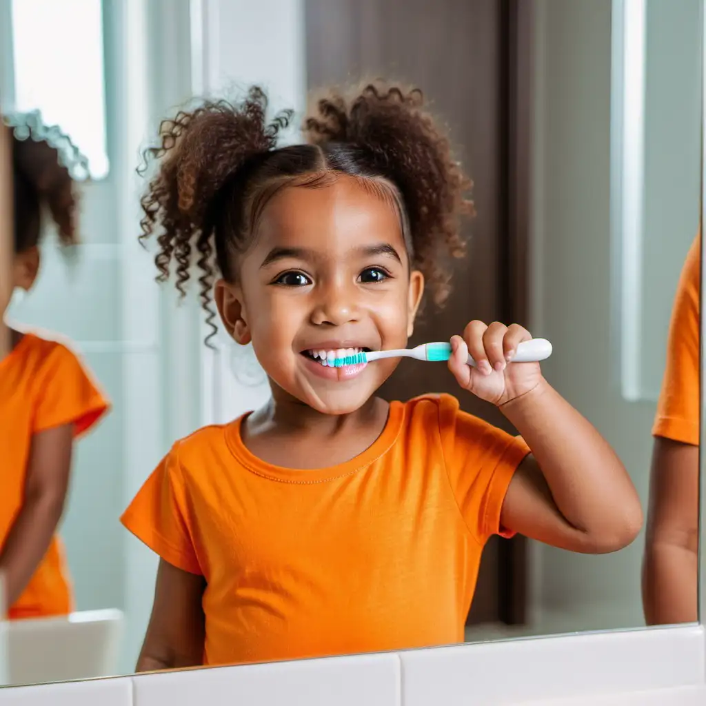 create and image of minority little girl learning to brush her teeth in mirror wearing orange t-shirt.