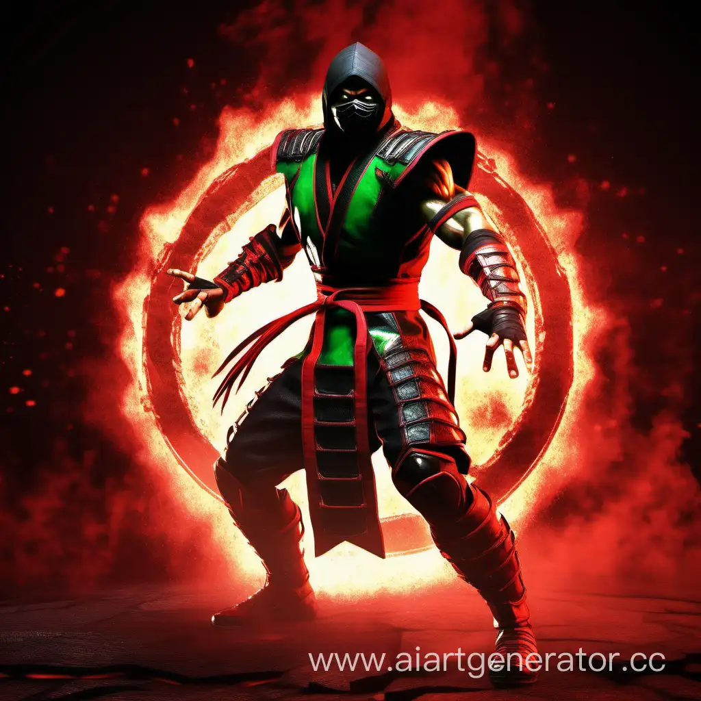 Ninja Ermak in a black and red suit, classic Mortal Kombat 3, shows his strength of 1000 souls glowing with green fire. The general outline of the frame. Cinematic style.
