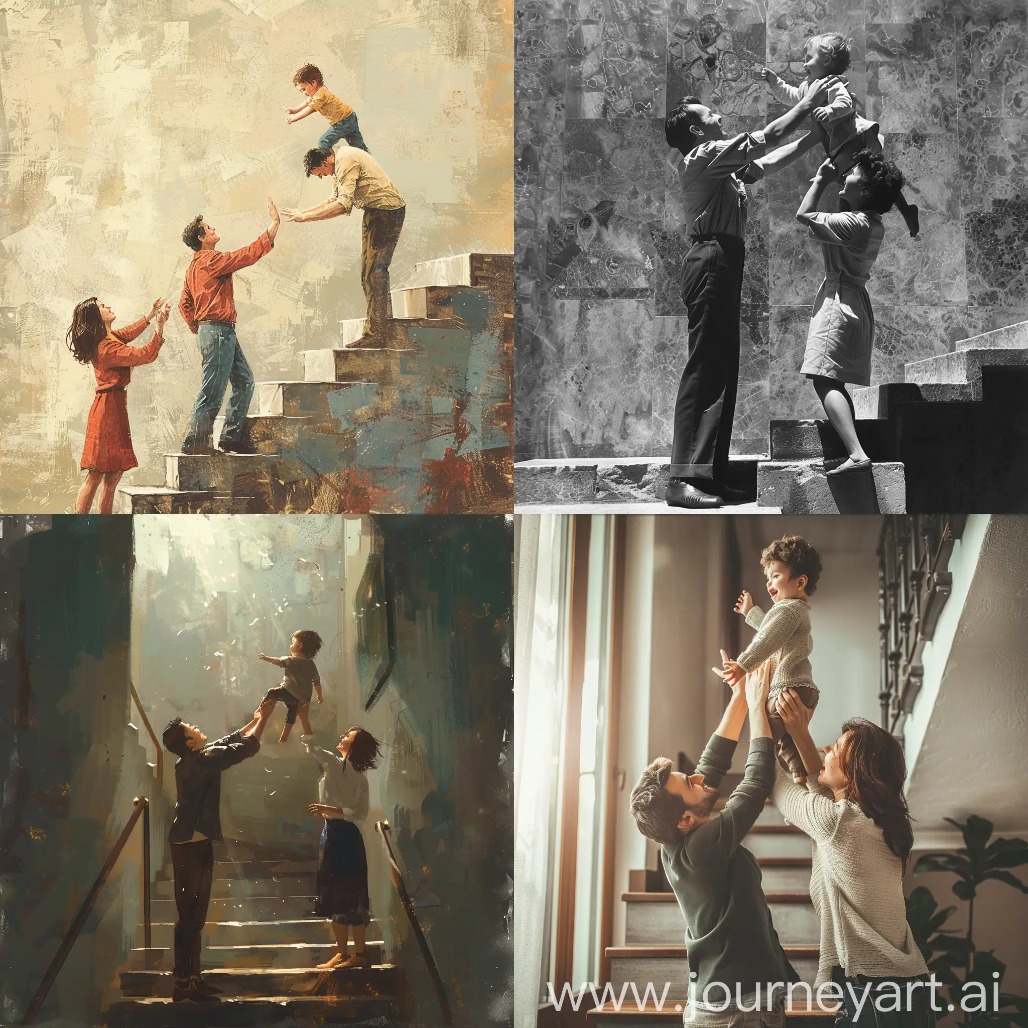 Папа и мама держат на руках ребёнка, стоят на нижней ступеньки лестницы, на вытянутых руках вверх подсаживают ребёнка на более верхнюю ступеньку этой лесницы, ребёнок пытается ухватиться за верхнюю ступеньку, всё улыбаются и счастливы