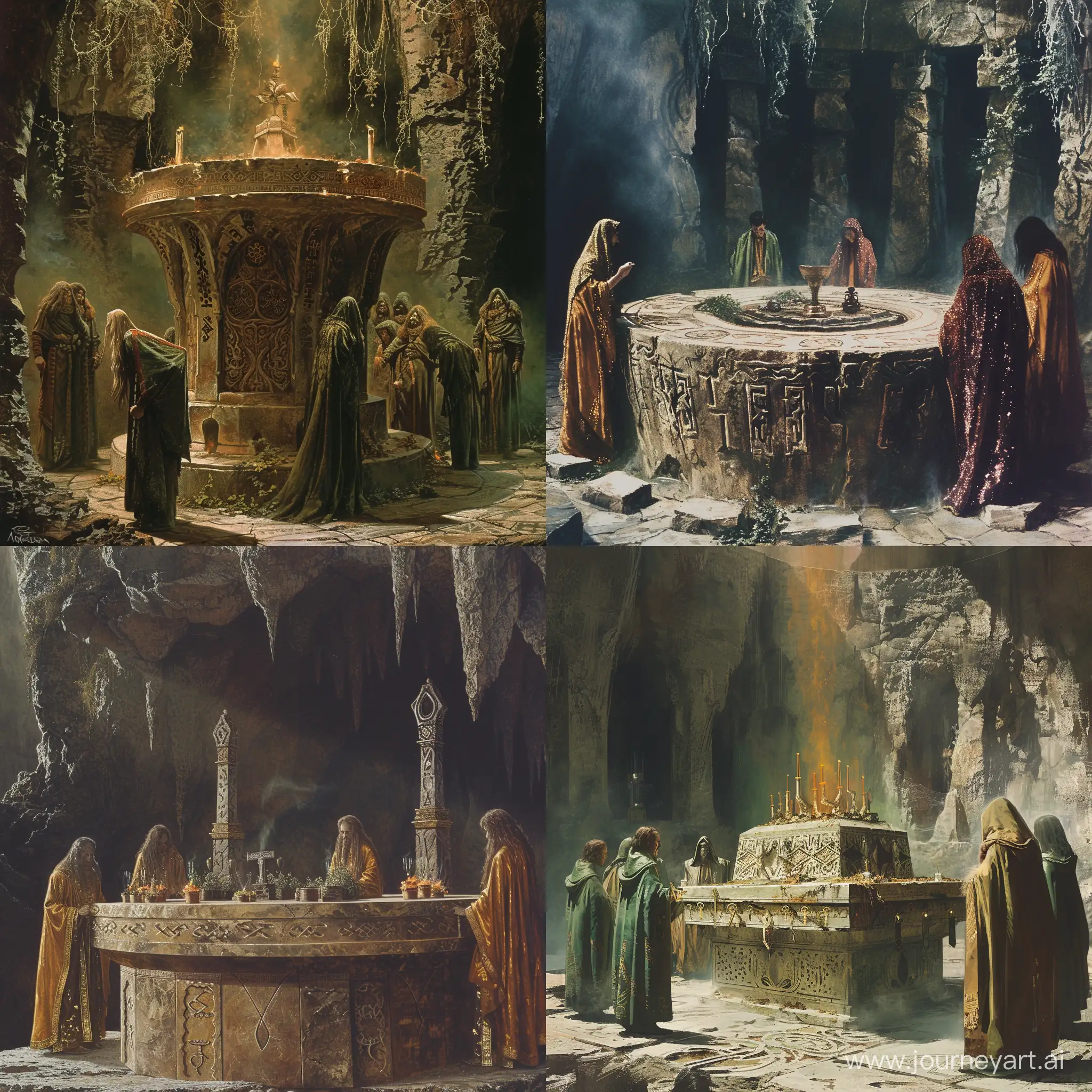 A Magical shrine, Carved from radiant marble adorned with intricate runes, Tended by devoted priests in shimmering robes, Humming with divine energy, surrounded by the fragrance of rare herbs, 1970's dark fantasy style, detailed, gritty, vintage