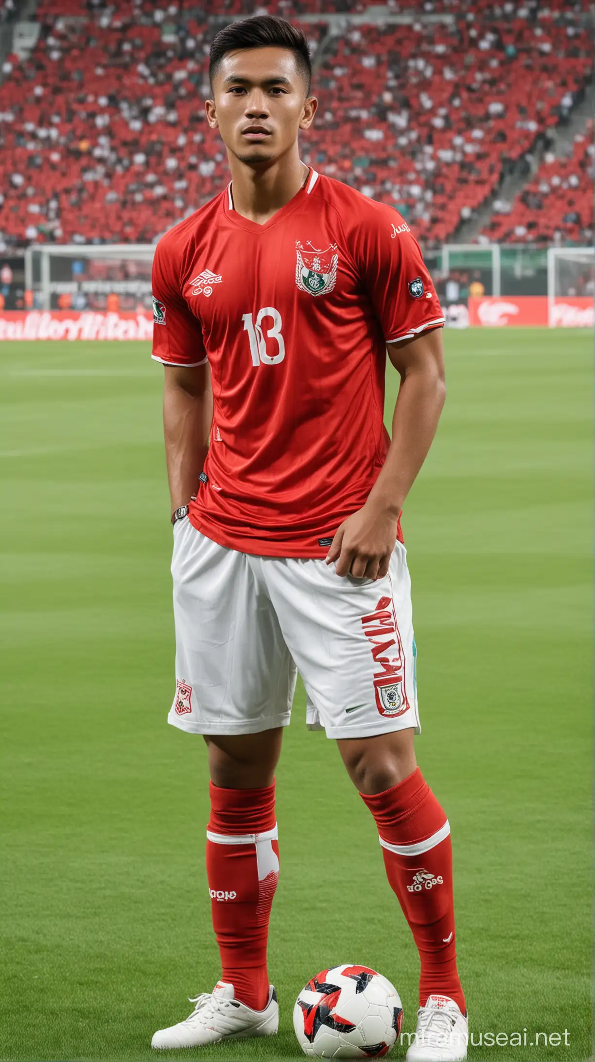 Indonesian Footballer,wearing timnas indonesian jersey shirt,20 years old,european face, handsome, full muscle, nathan tjoe a on face, full body, in the GBK Stadion with garuda background