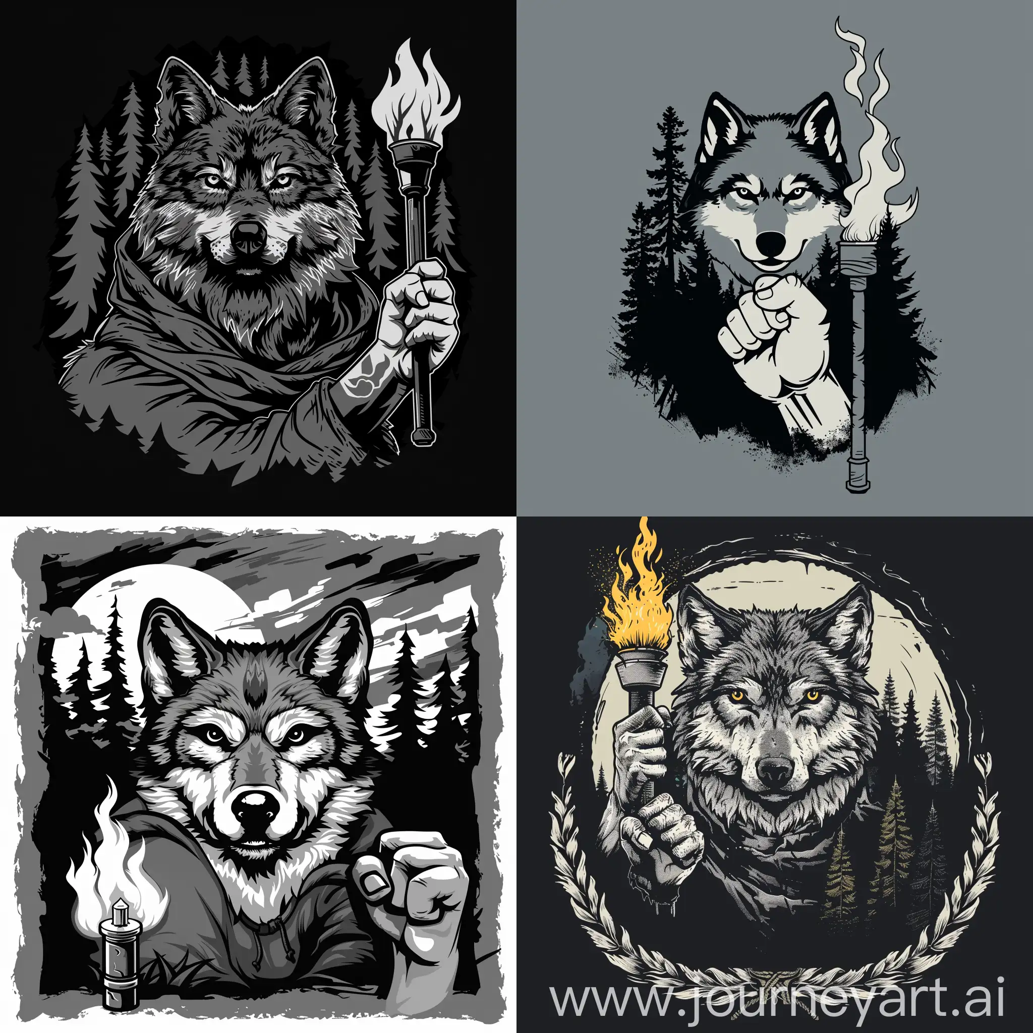 wolf face on the front, squezee fist, torch, forest, cartoon, black, white, gray colour