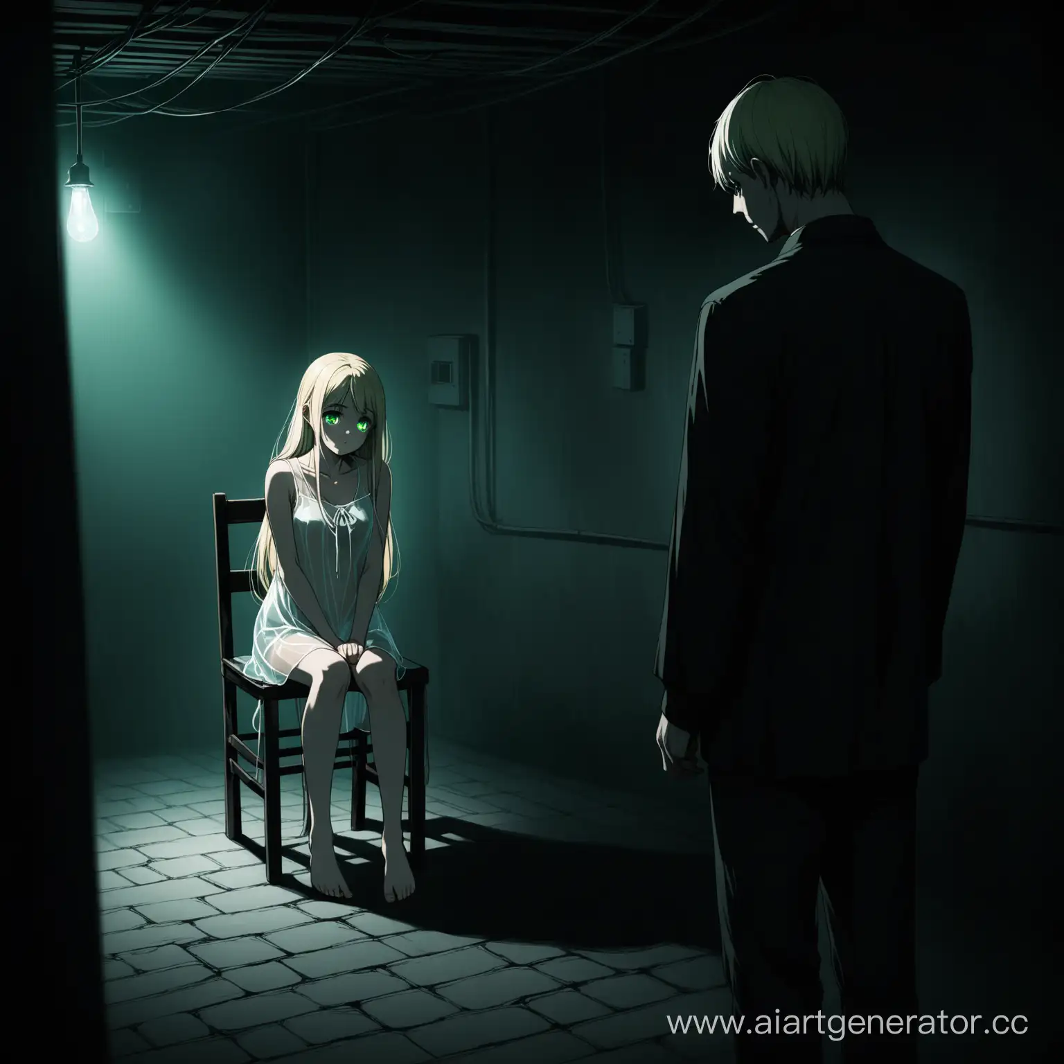 a short thin girl, blonde with long hair, green eyes, she is sitting on a chair in the basement, her hands and feet are tied, she is wearing a translucent short dress, she looks scared, next to her is a very tall thin guy with short white hair, black eyes, he stands in front of her, looking down at her, dark atmosphere