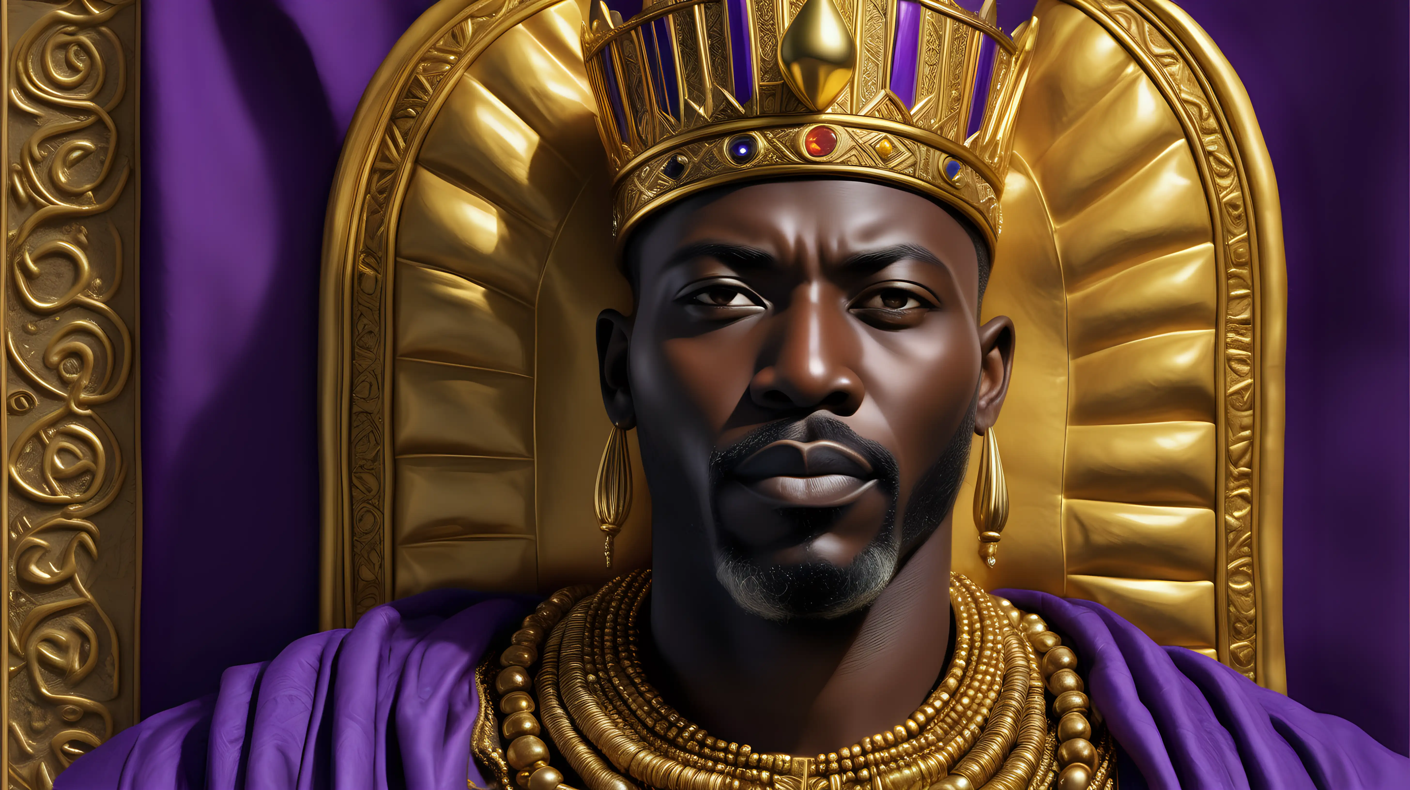 Main Subject: Mansa Musa, the legendary King of Mali.
Camera Position and Angle: Close-up view, with Mansa Musa facing directly towards the camera.
Facial Expression: Regal and composed, conveying authority and confidence. Mansa Musa's eyes should express intensity.
Attire and Accessories: Mansa Musa is adorned with an ornate king's crown. He also wears gold earrings and multiple gold necklaces, emphasizing his wealth and status.
Lighting: Natural, softly highlighting Mansa Musa's facial contours and the intricacies of his jewelry.
Background: Purple and simple, with a high contrast to Mansa Musa's figure, devoid of many distracting elements.
Image Format: 16:9 ratio, ideal for wide-screen display.