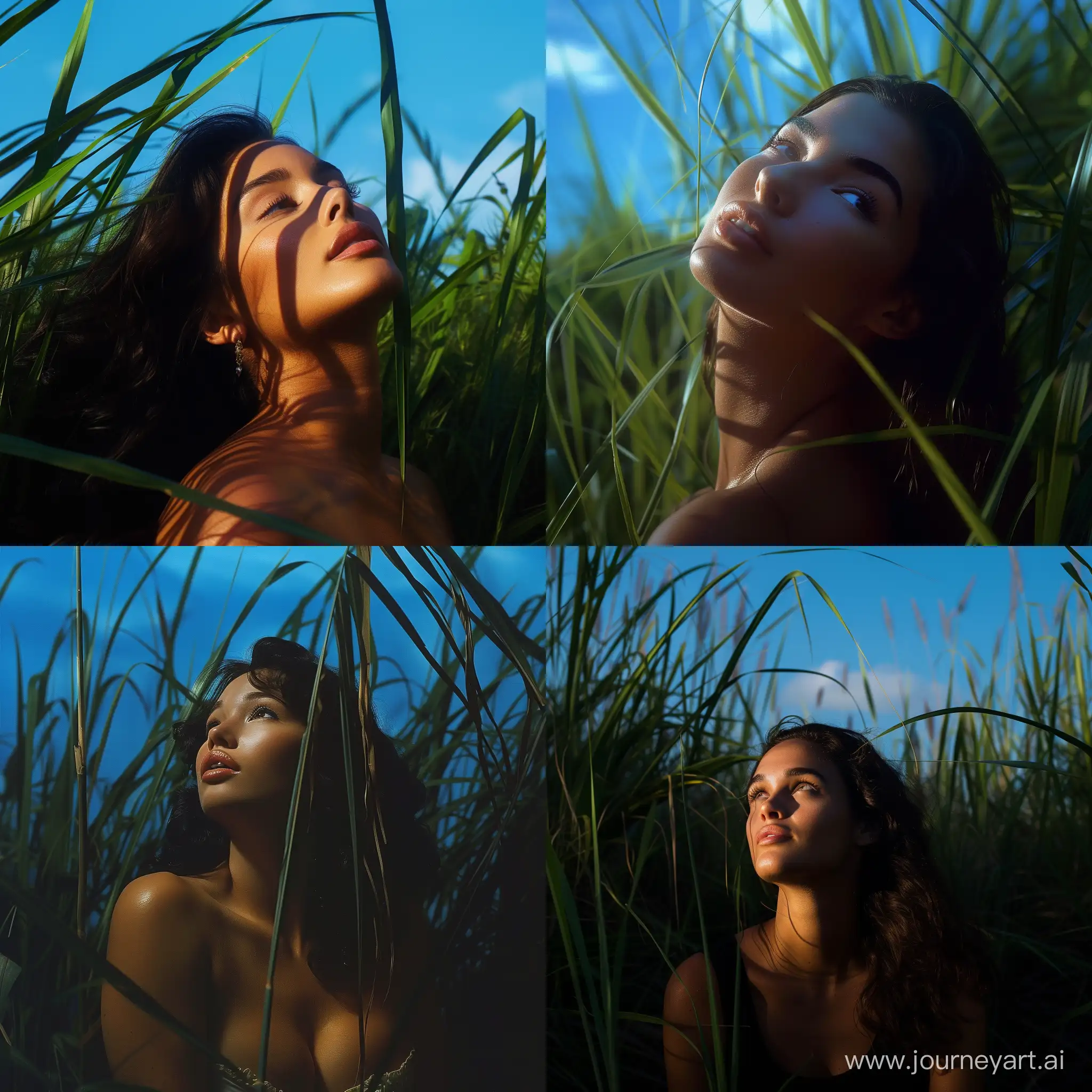 ((hour glass physique)), brunette model that dose not exist in real life, dappled light, looking up towards the blue sky, in tropical grassland  
