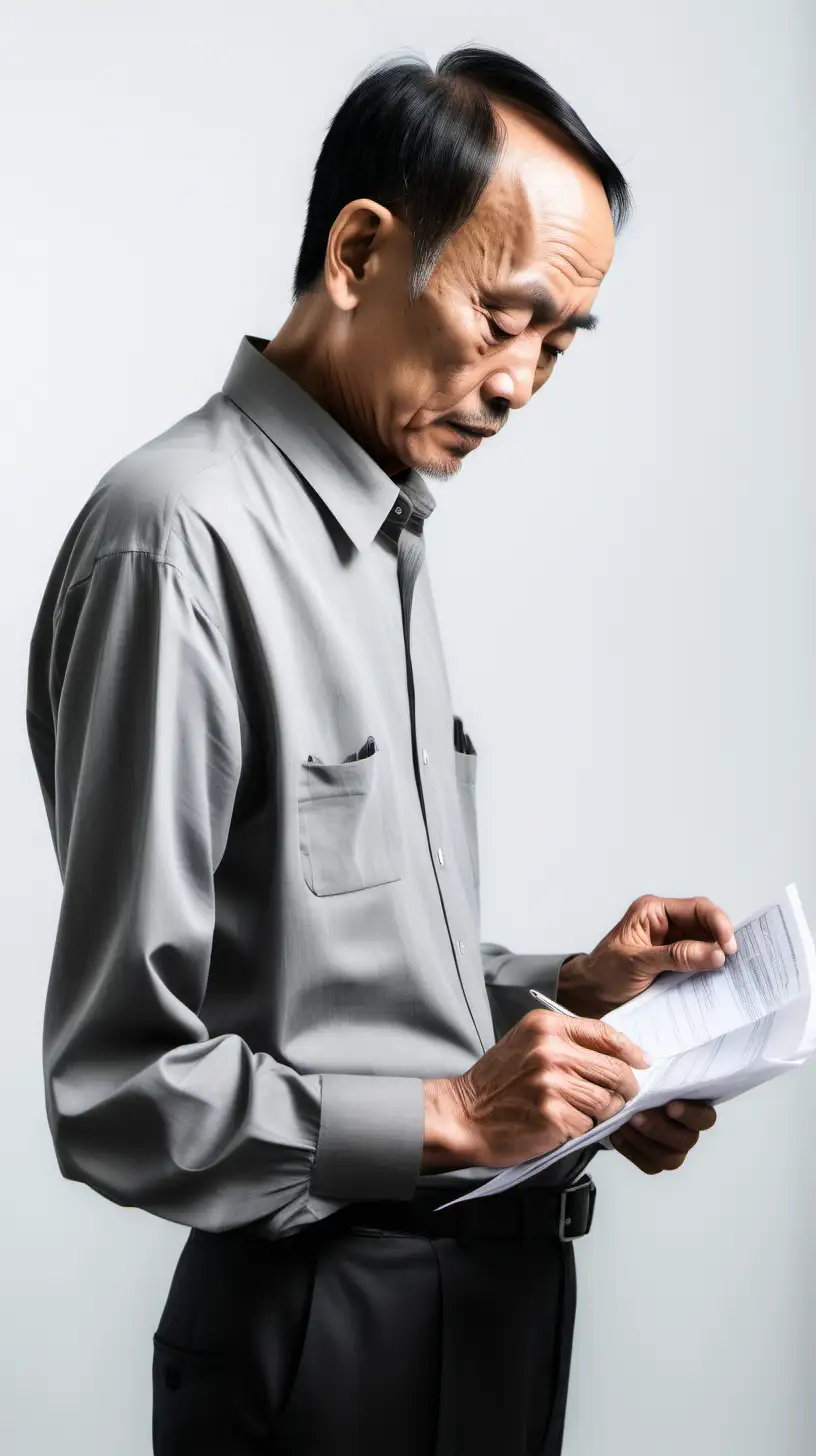 a 60 year old south east asian man with skinny figure, black short thin sleek hair, full face big forehead, looking down at a document, side profile white background