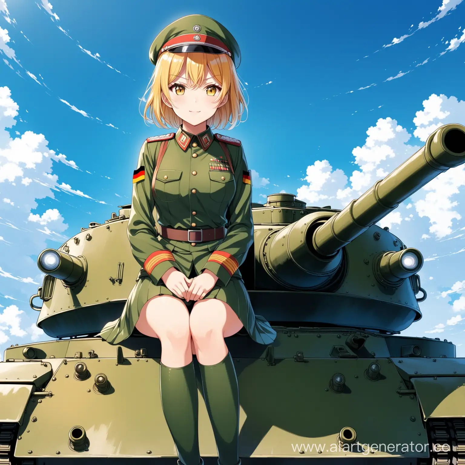 Anime girl in a German uniform sits on a Tiger tank