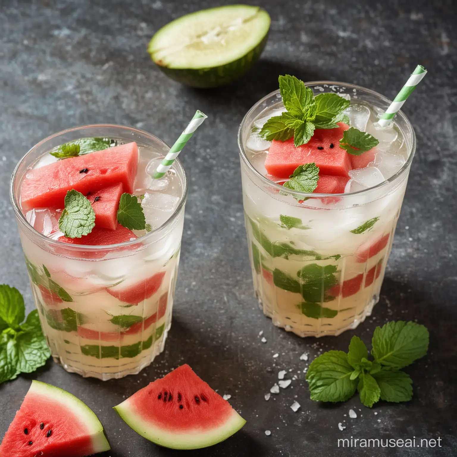 Refreshing Coconut Water Drink with Watermelon Chunks Lime Juice and Fresh Mint Leaves