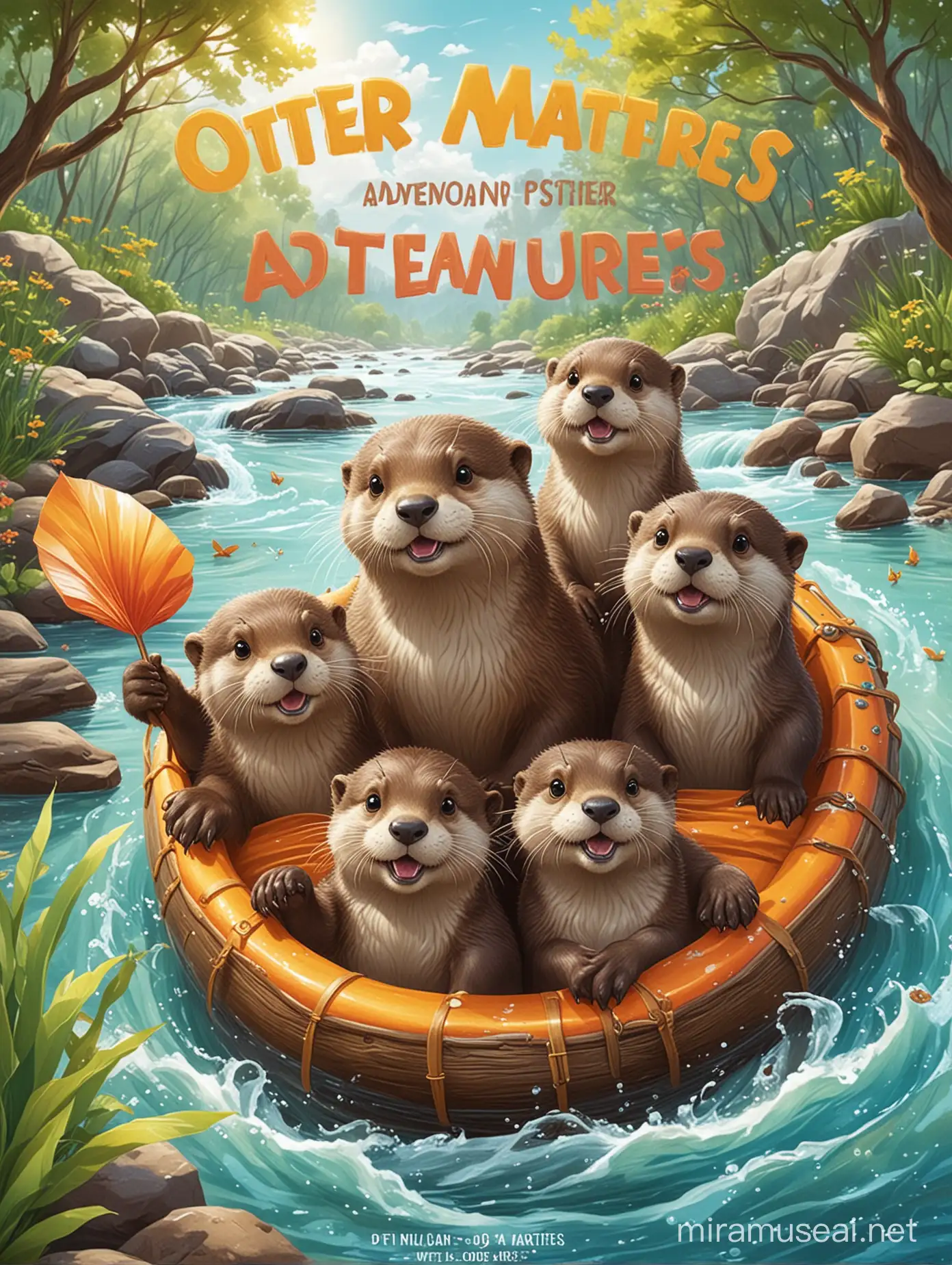 "Create a children's book cover titled 'Otter Adventures', featuring playful otters engaging in activities like sliding and floating in a vibrant river setting. Incorporate bright colors, a sunny sky, and greenery in the background. The title should use a whimsical, bold font in contrasting colors. Include visual hints of puzzles and mazes, and a 'Learn Fun Otter Facts!' badge. The cover should be glossy and suggest durability and fun educational content."