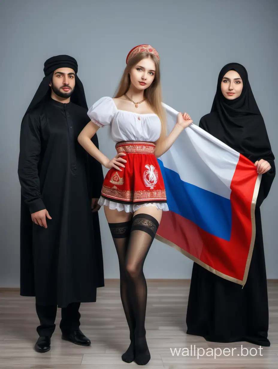 Russian girl in a traditional Russian costume in mesh black stockings, the girl holds a Russian flag, Arab men stand next to her