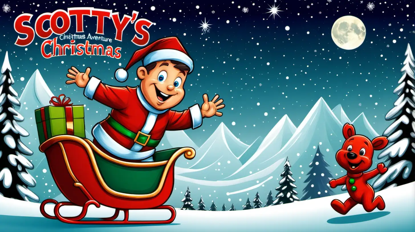 Design a cartoon style childrens book cover. Title Scotty's Christmas Adventure 