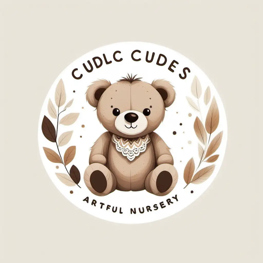 Design a 2D logo for an etsy store called 'Cuddles Artful Nursery' featuring a boho style teddy bear in neutral, earthy colors such as brown and beige.