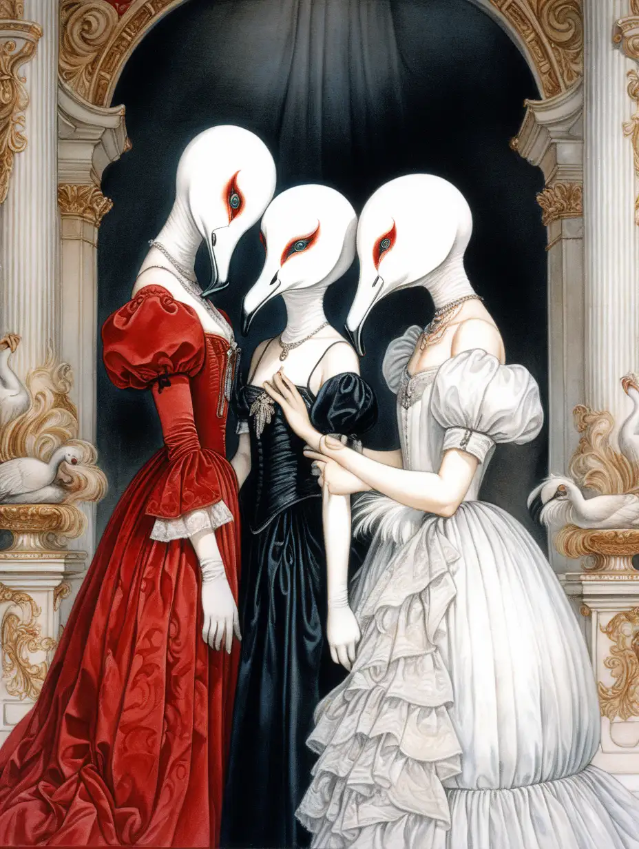 Ethereal Albino Girl and Masked Secrets in Baroque Setting