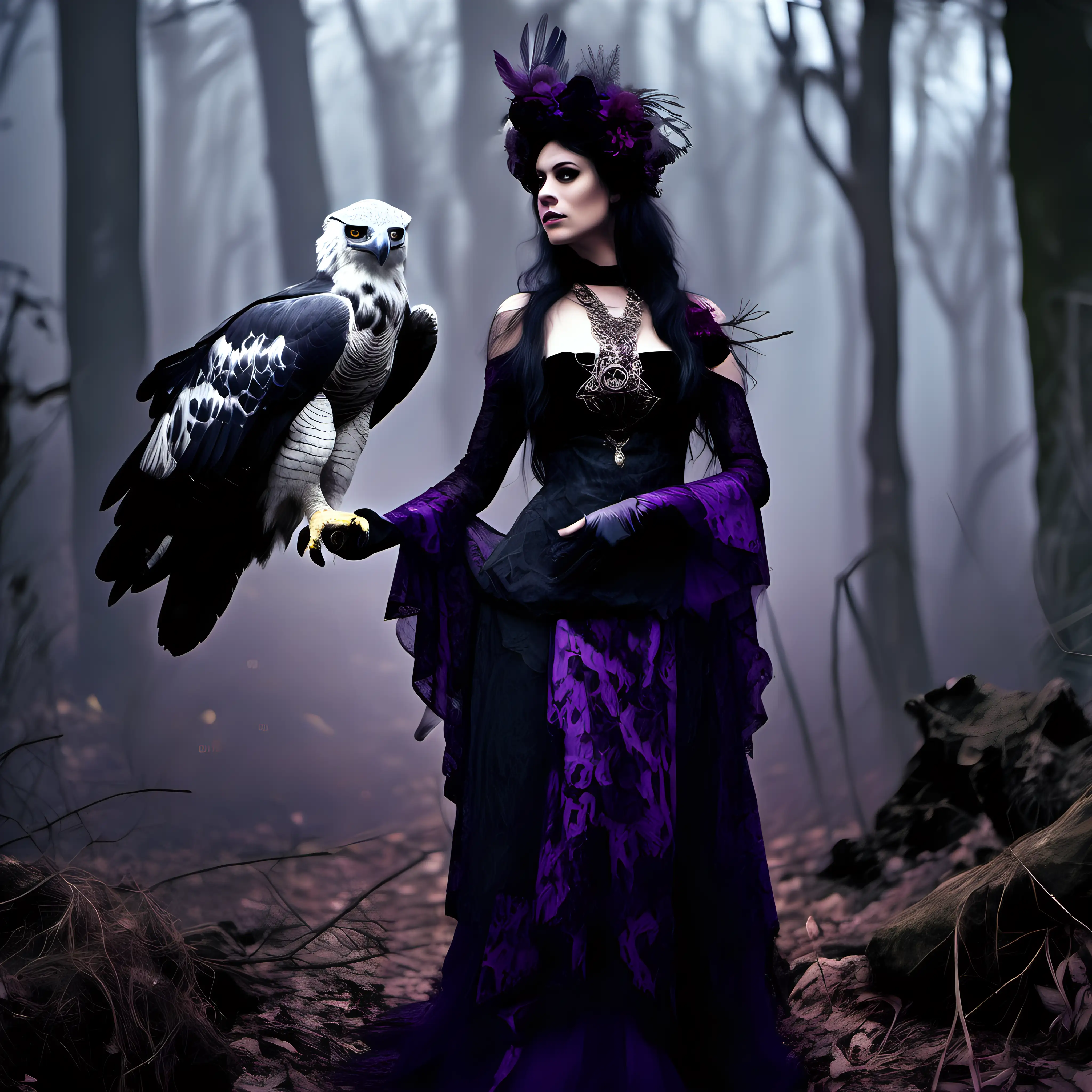a seeress dressed n a black velvet & lace dress ,purple fingerless gloves on her hands, she has a harpy eagle standing beside her she is in ancient forest