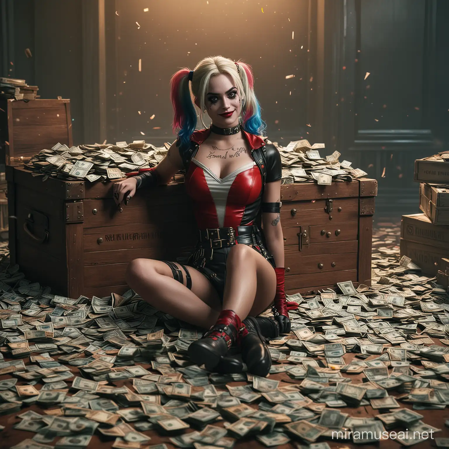 Harley Quinn, sitting on money bunch in bank chest background cinematic