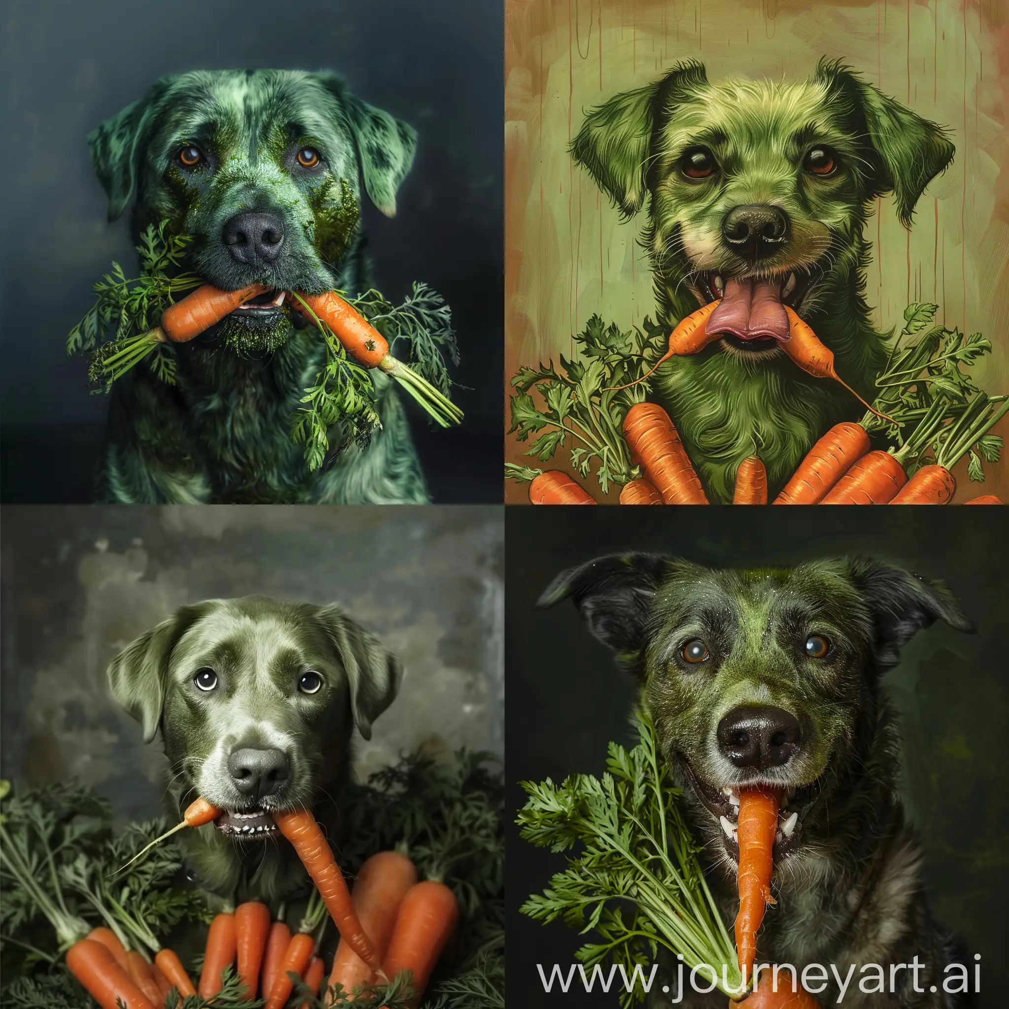كلب أخضر اللون يأكل جزر