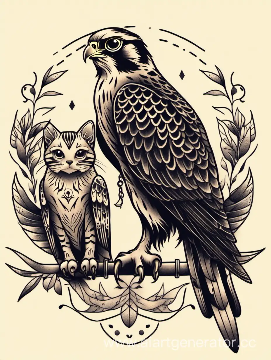 Falcon-Tattoo-Adorned-by-a-Playful-Kitten-Artistic-Fusion-of-Power-and-Innocence