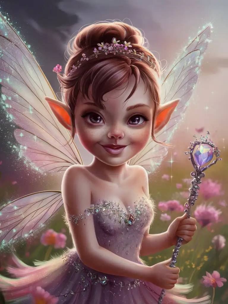 an adorable pixie or fairy with a magical happy expression make her the fucus of the image



