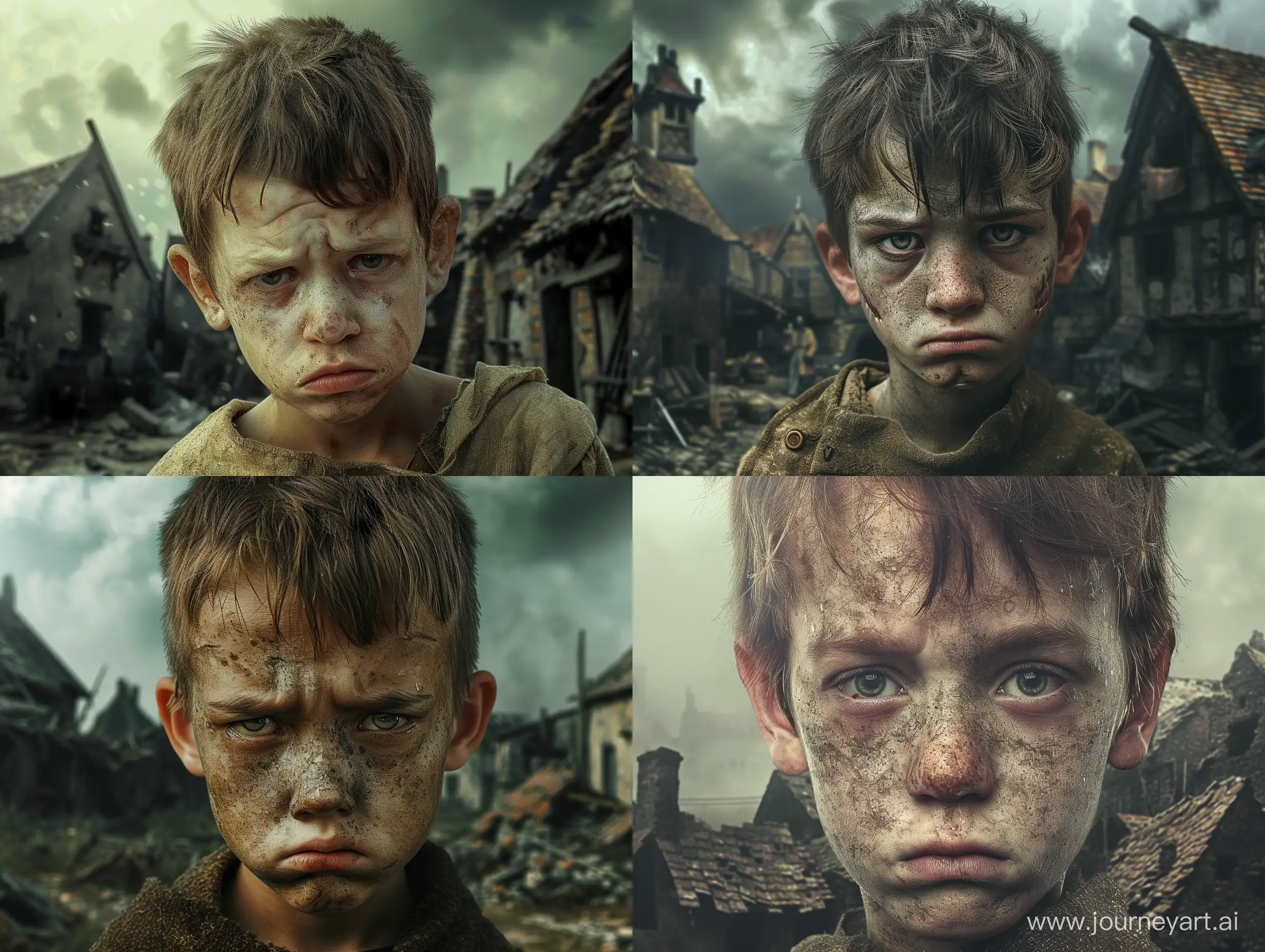 портрет чумазого больного прокаженного мальчика без носа с грустными глазами, на фоне разрушенной деревни, в стиле мрачное средневековье, реалистично, 4к