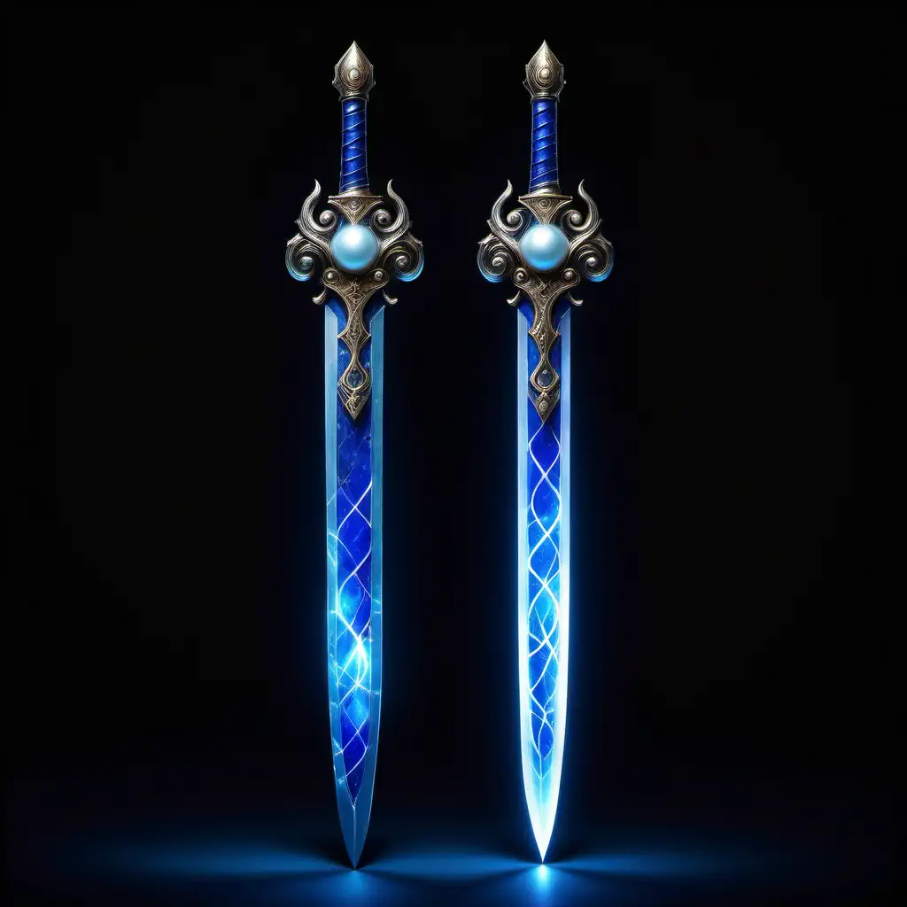 A luminous lapis sword with three glowing pearl metal veinings that begin at the guard and spiral around the blade to the tip