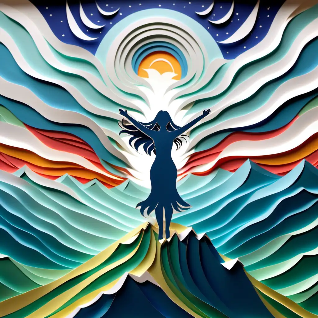 Women with long flowing hair, Standing on mountain top, arms stretched to the sky, celebrating life, paper cutout, multilayered,