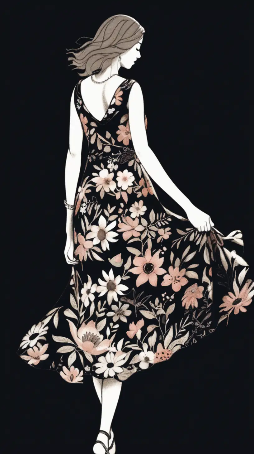 Illustration of a woman wearing floral dress walking away on a black background.
