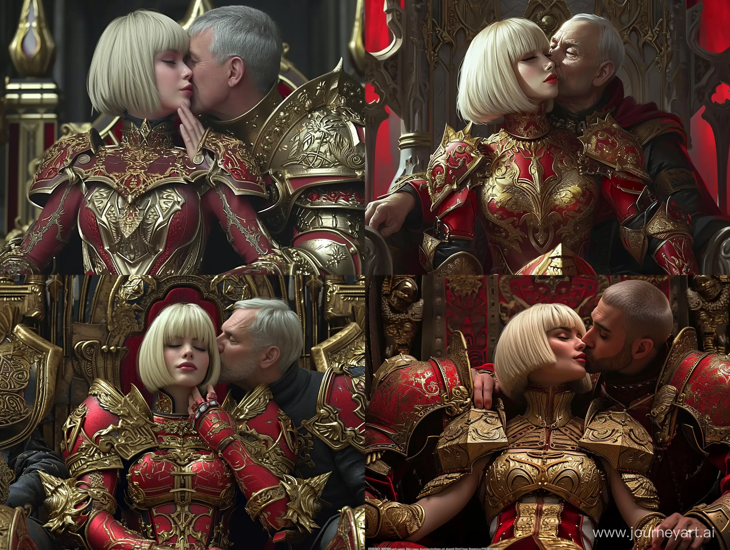 coronation, warrior princess, blonde hair, bob cut with no fringe, sitting on throne, father hand kiss, strong expression, ornate armor, red and gold, photorealistic, highly detailed