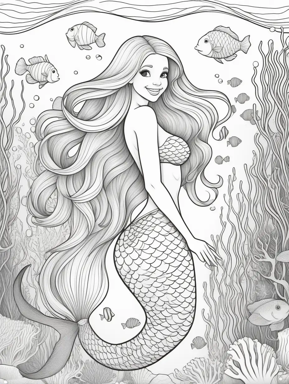 dibujo para colorear con lineas gruesas y fondo blanco de una sirena con la cola y aletas largas con el pelo ondulado y largo sonriendo y rodeada de peces y corales